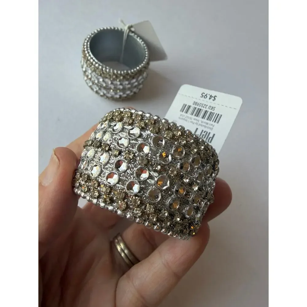 Pier 1 Jeweled Rhinestone Napkin Rings Silver Champagne Set of 4